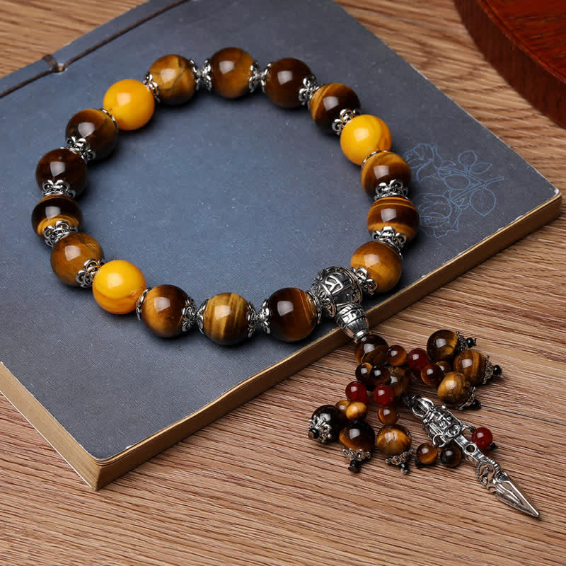 Fortune Jewel Natural Tiger Eye Red Agate Dragon Vein Agate Stone Vajra Dorje Power Healing Bracelet Car Decoration