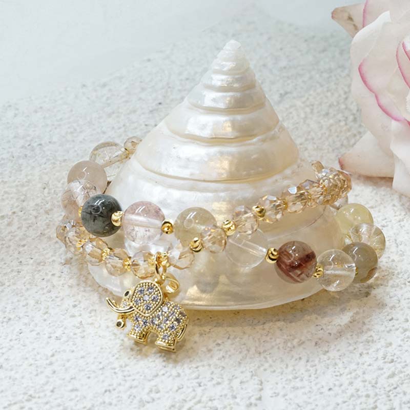Fortune Jewel Rose Quartz Elephant Healing Energy Charm Bracelet