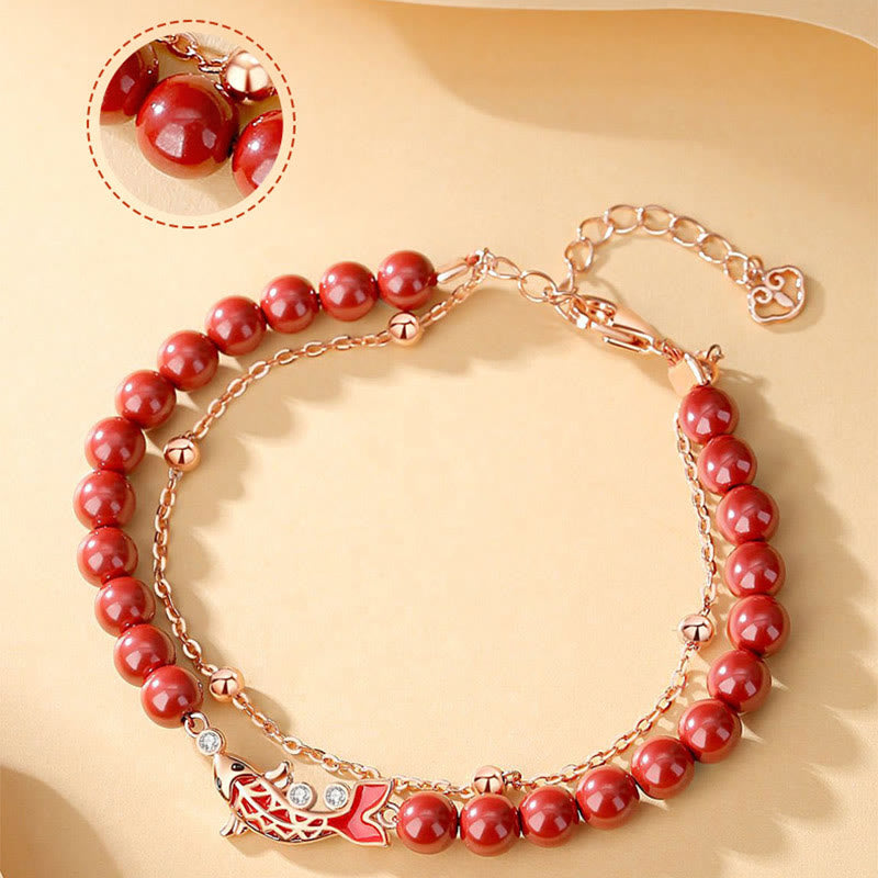 Fortune Jewel 925 Sterling Silver Lucky Koi Fish Cinnabar Zircon Prosperity Double Layer Chain Bracelet