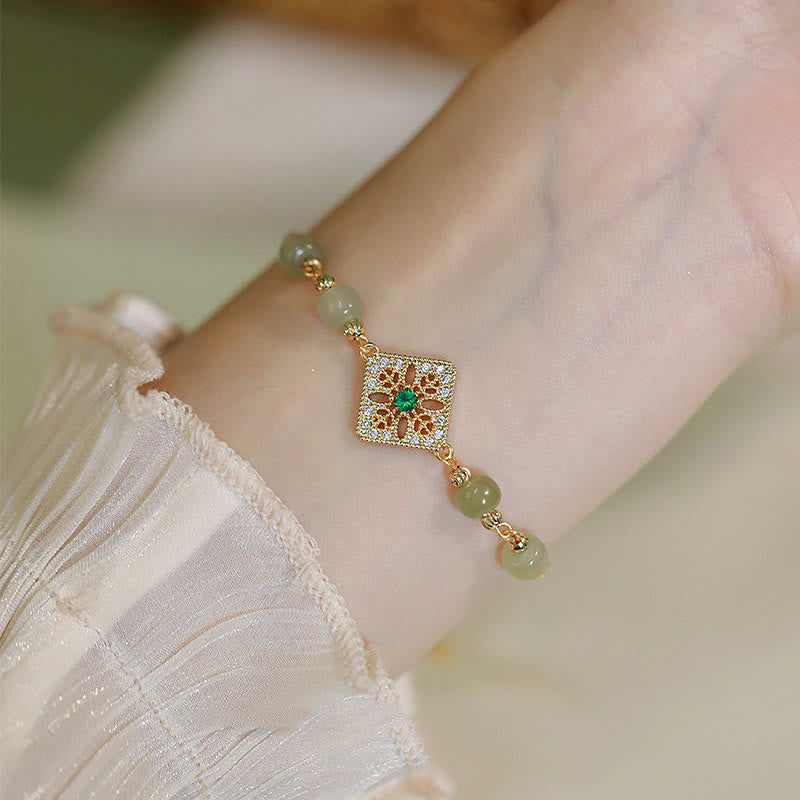 Fortune Jewel Natural Hetian Jade Bead Square Pattern Luck Chain Bracelet