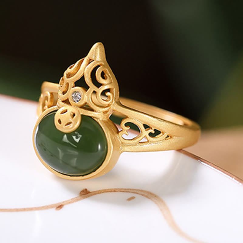 Fortune Jewel Gourd Cyan Jade Copper Coin Success Luck Adjustable Ring