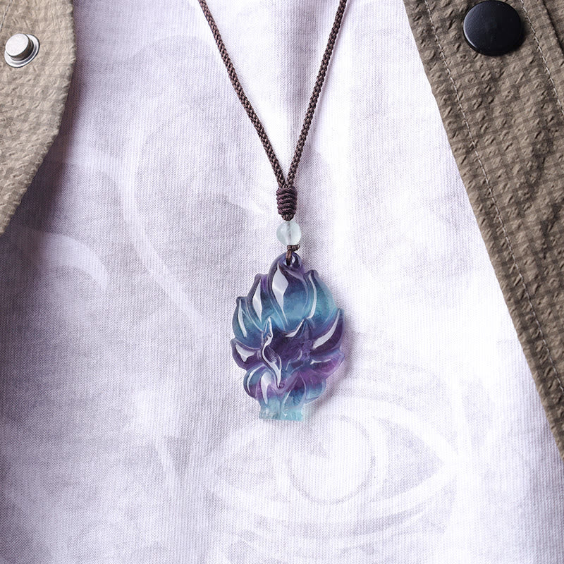 Fortune Jewel Natural Fluorite Gold Sheen Obsidian Fox Pendant Protection Necklace