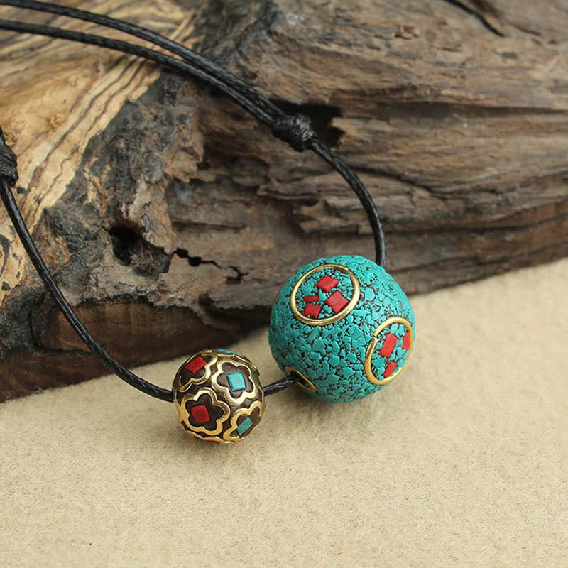 Fortune Jewel Tibetan Turquoise Double Bead Protection Strength Necklace Pendant