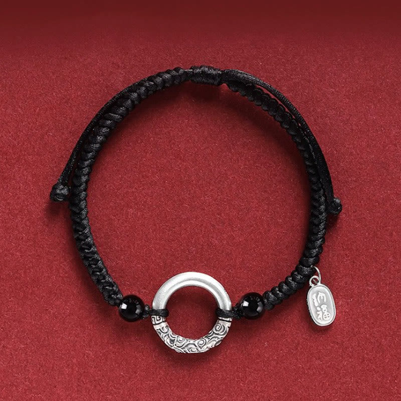 Fortune Jewel 925 Sterling Silver Black Onyx Peace Buckle Fu Character Charm Bracelet