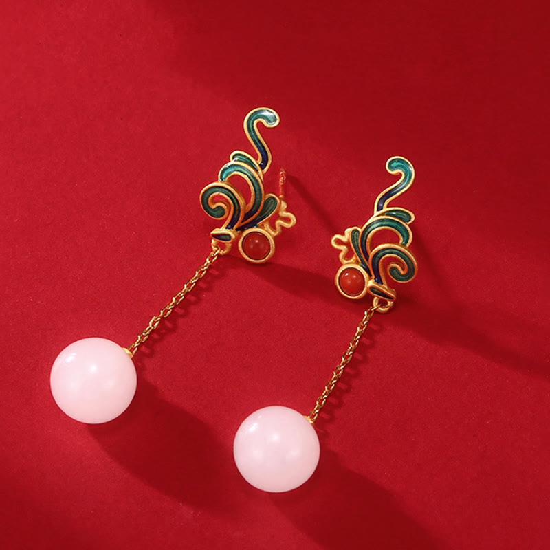 Fortune Jewel Vintage White Jade Red Agate Bead Blessing Drop Dangle Earrings