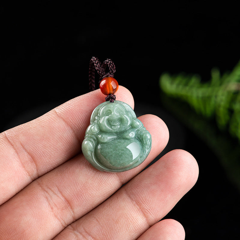 Fortune Jewel Laughing Buddha Cyan Jade Success Necklace String Pendant Fortune Jewel
