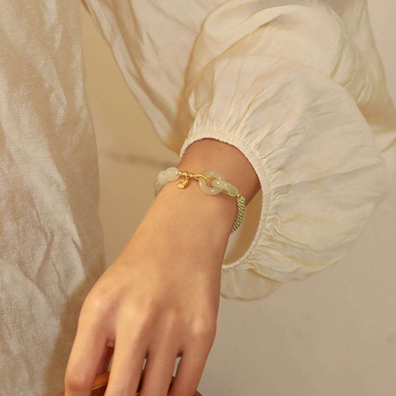 Fortune Jewel Natural Hetian Jade Bead Double Peace Buckle Fu Character Abundance Braided Bracelet