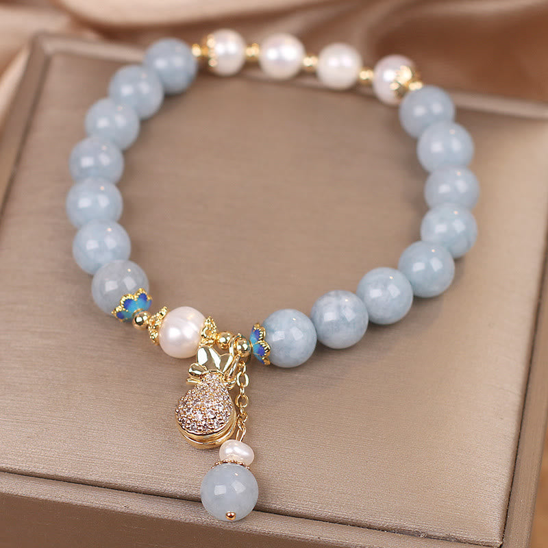 Fortune Jewel Aquamarine Pearl Fortune Money Bag Charm Bracelet