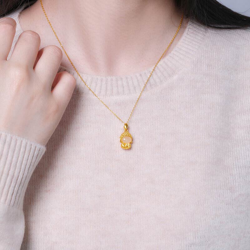 Fortune Jewel White Jade Buddha Success Pendant Necklace