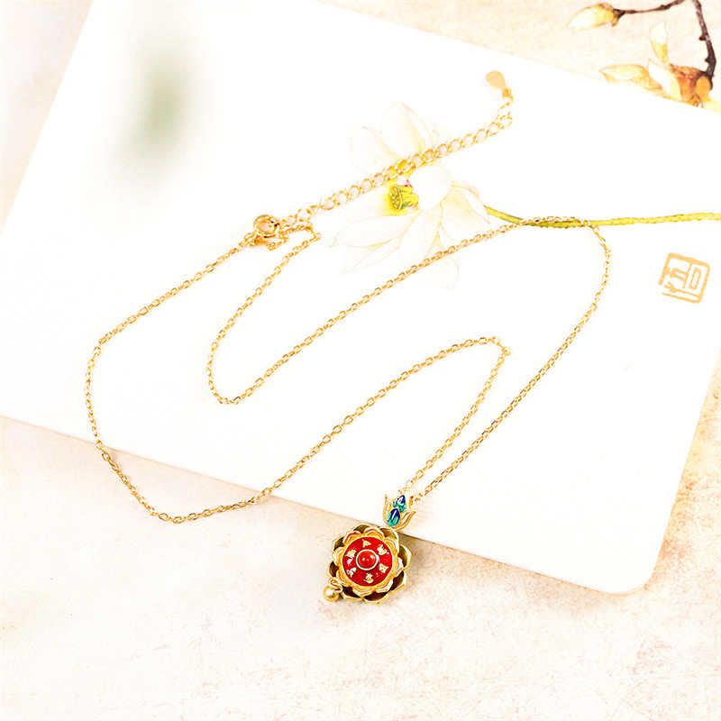 Fortune Jewel 925 Sterling Silver Tibet Lotus Prayer Wheel Red Agate Enlightenment Necklace Pendant