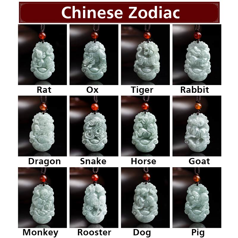 Fortune Jewel Natural Jade 12 Chinese Zodiac Sucess Pendant Necklace Fortune Jewel