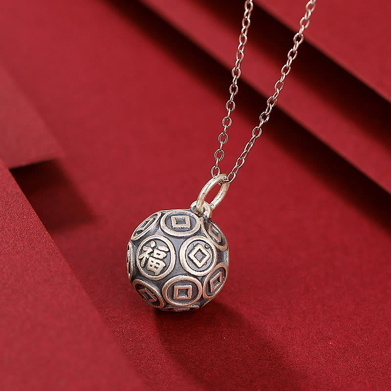 Fortune Jewel 990 Sterling Silver Fu Character Copper Coin Luck Fortune Chain Necklace Pendant