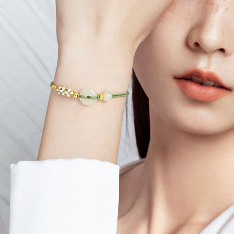 Fortune Jewel Hetian Jade Peace Buckle Luck Peach Blossom Braided Bracelet