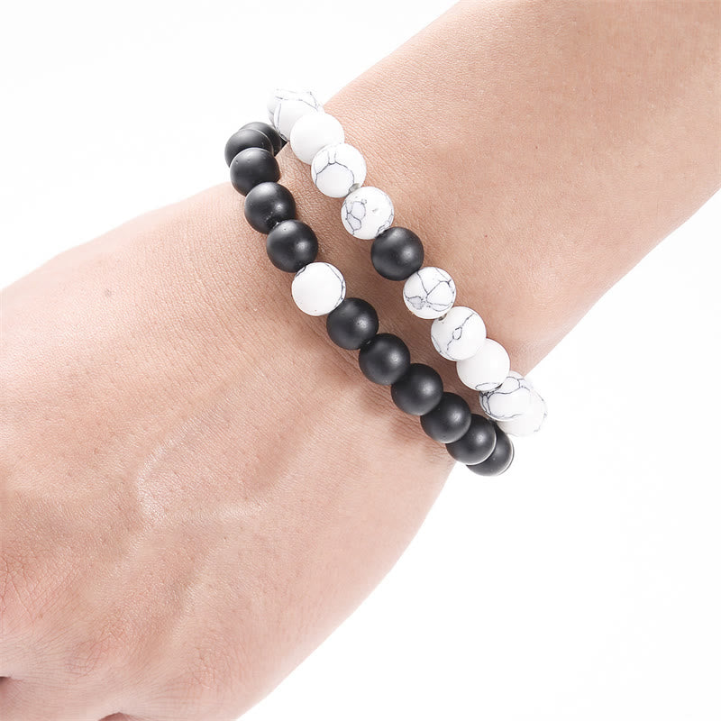 Fortune Jewel 2pcs Natural Frosted Stone White Turquoise Bead Couple Bracelet