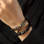 Fortune Jewel Tibet Ebony Wood Dzi Bead Copper Balance Double Wrap Bracelet
