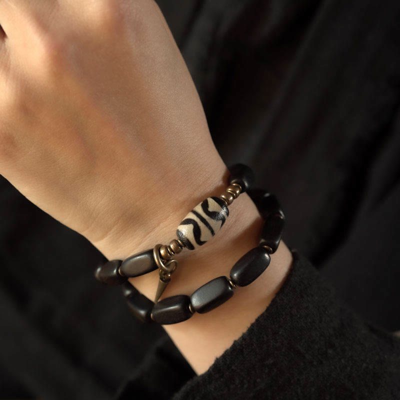 Fortune Jewel Tibet Ebony Wood Dzi Bead Copper Balance Double Wrap Bracelet