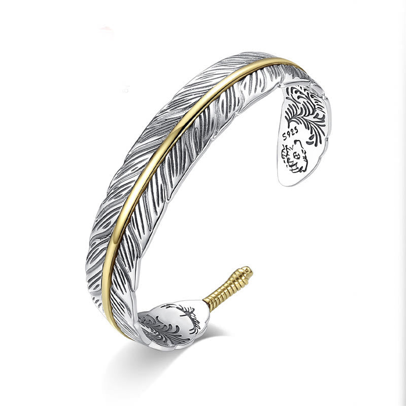 Fortune Jewel Feather Pattern Carved Luck Wealth Cuff Bracelet Bangle