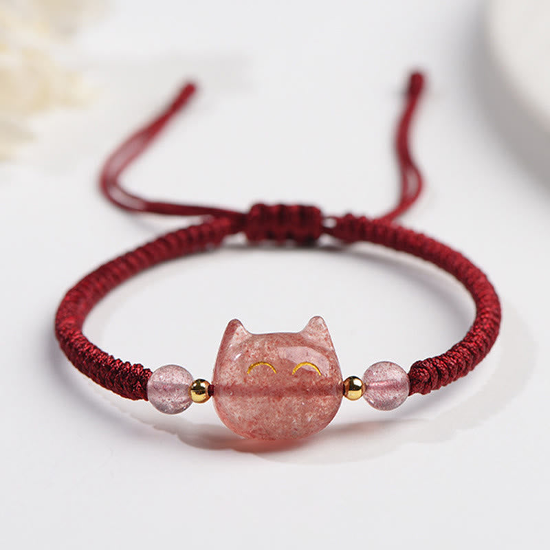 Fortune Jewel Handmade Natural Silver Sheen Obsidian Strawberry Quartz Cute Cat Protection Braided Bracelet