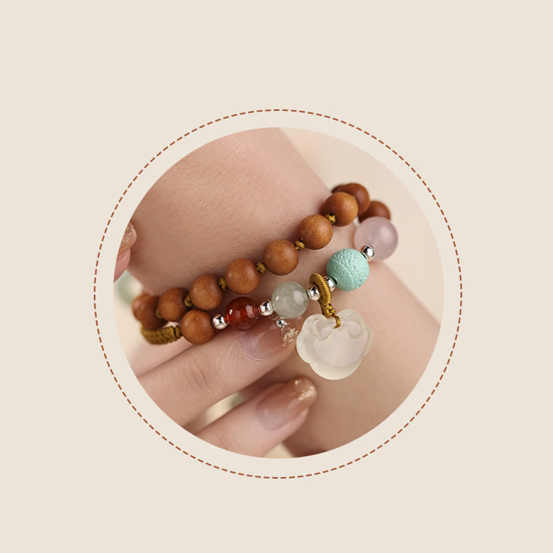 Fortune Jewel Green Sandalwood Chalcedony Peace Buckle Charm Soothing Double Wrap Bracelet