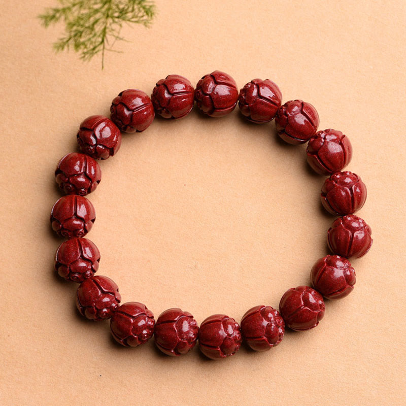 Fortune Jewel Natural Cinnabar Om Mani Padme Hum Fret Pattern Lotus Blessing Bracelet