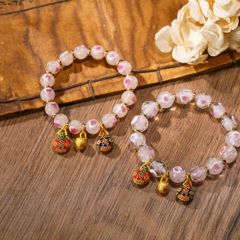 Fortune Jewel Gold Swallowing Beast Family Charm Luminous Pink Love Heart Fluorescent Liuli Glass Bead Blessings Bracelet