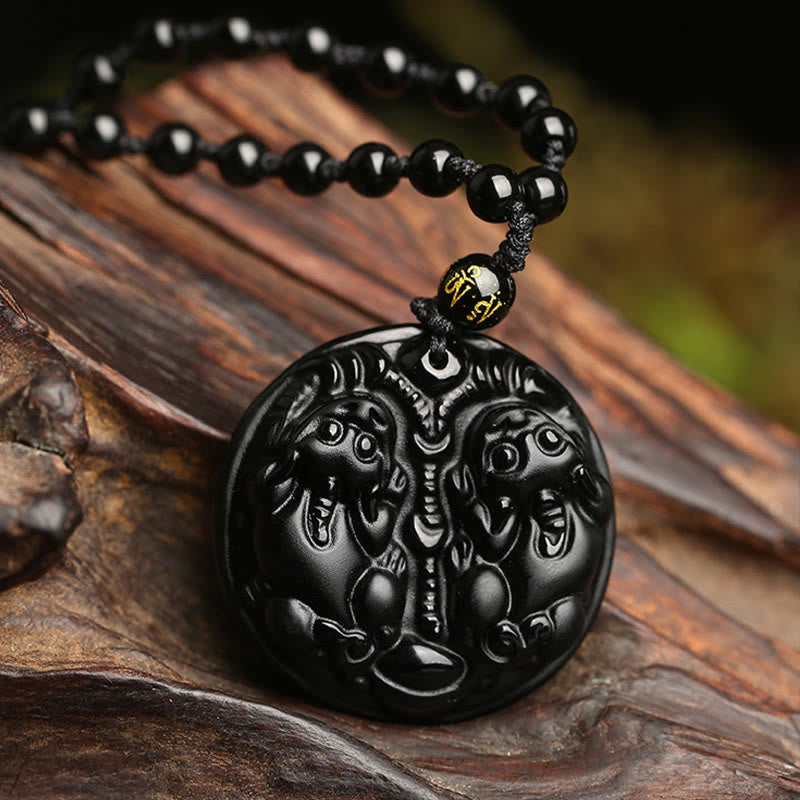 Fortune Jewel Black Obsidian Double Pixiu Bead Rope Purification Necklace Pendant