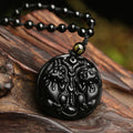 Fortune Jewel Black Obsidian Double Pixiu Bead Rope Purification Necklace Pendant