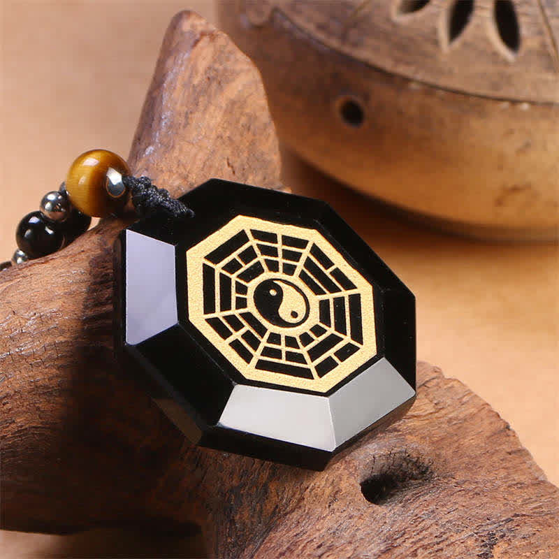 Fortune Jewel Bagua Yin Yang Black Obsidian Purification Beaded Necklace Pendant