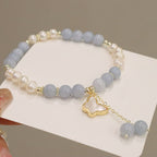 Fortune Jewel Natural Aquamarine Pearl Healing Ginkgo Leaf Butterfly Charm Bracelet