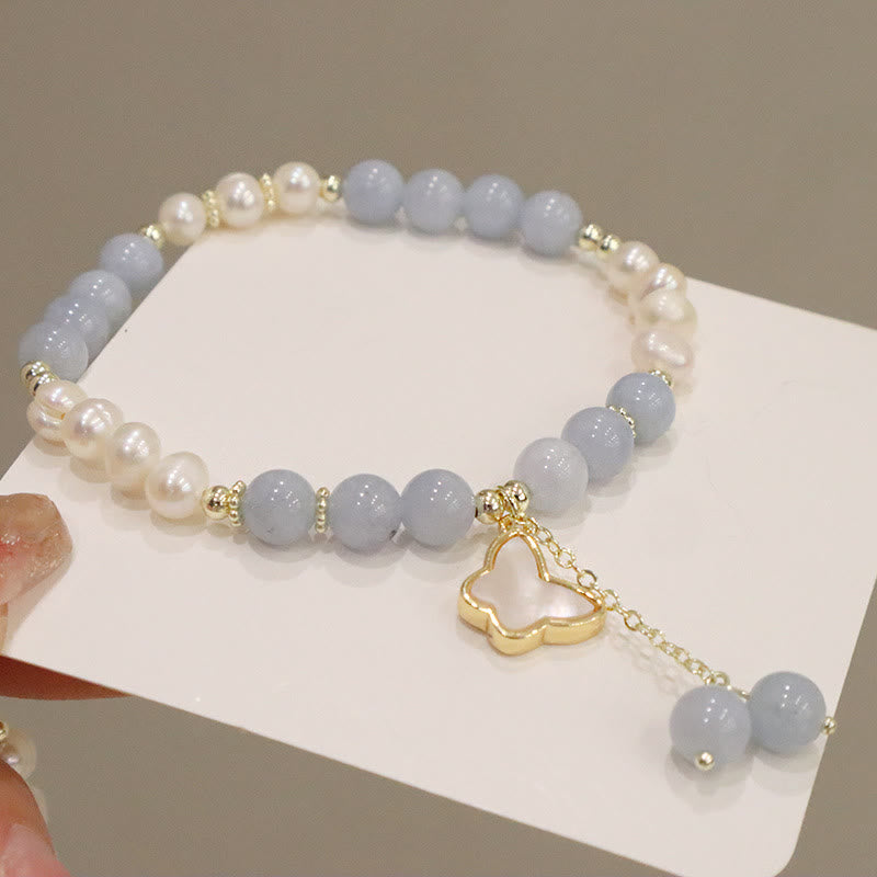 Fortune Jewel Natural Aquamarine Pearl Healing Ginkgo Leaf Butterfly Charm Bracelet