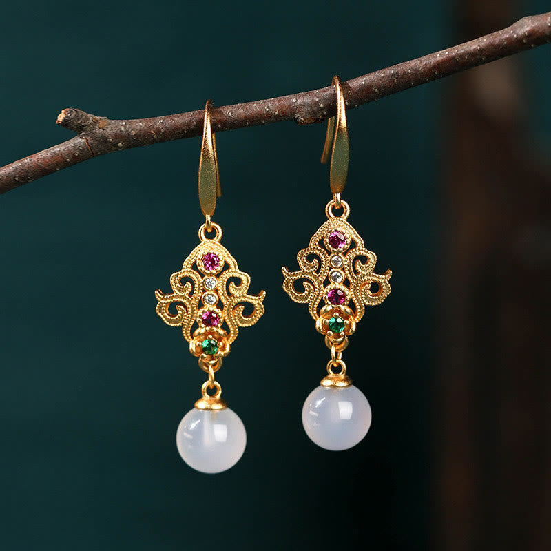 Fortune Jewel 24K Gold Plated Round Chalcedony Positive Dangle Drop Earrings
