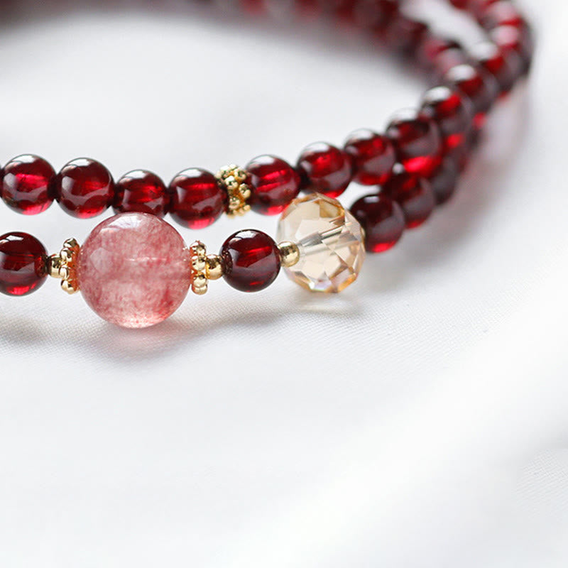 Fortune Jewel 14K Gold Plated Natural Garnet Strawberry Quartz Stability Double Wrap Bracelet