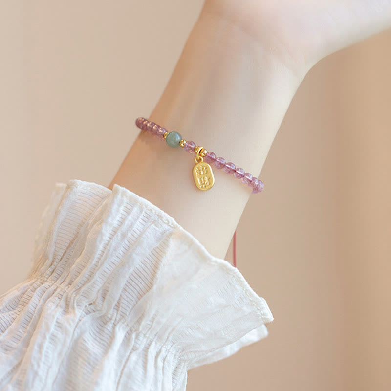 Fortune Jewel Natural Strawberry Quartz Garnet Jade Lucky Fortune Fu Character Healing Charm Bracelet