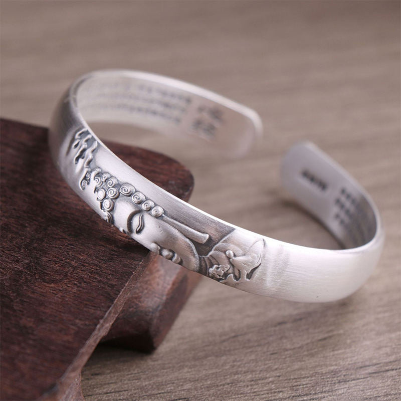 Fortune Jewel 999 Sterling Silver Buddha Head Heart Sutra Serenity Bracelet Bangle