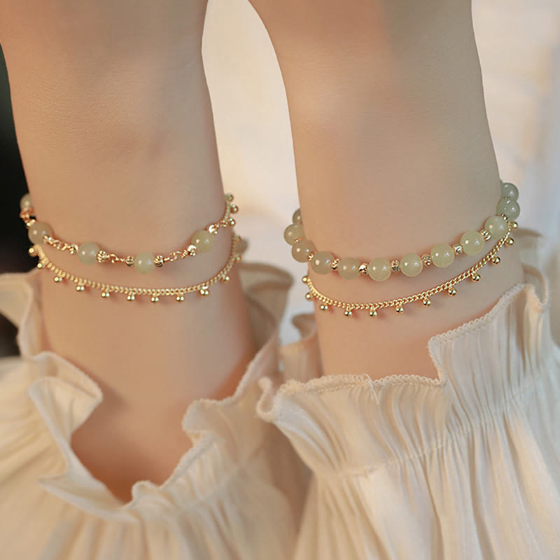 Fortune Jewel 14K Gold Plated 2 Layers Hetian Jade Bead Luck Prosperity Bracelet
