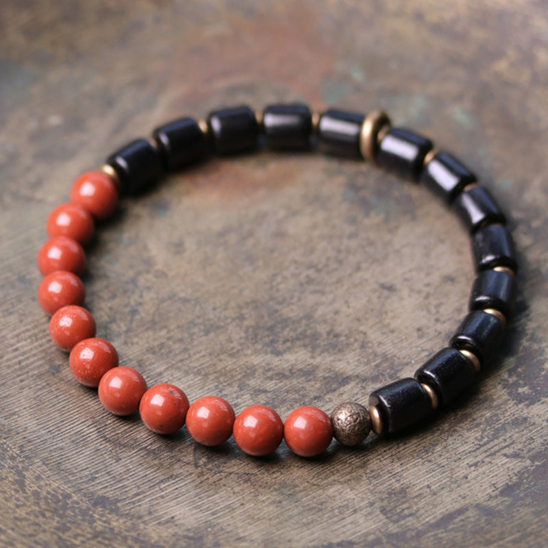 Fortune Jewel Ebony Wood Red Jasper Moss Agate Crystal Copper Peace Couple Bracelet