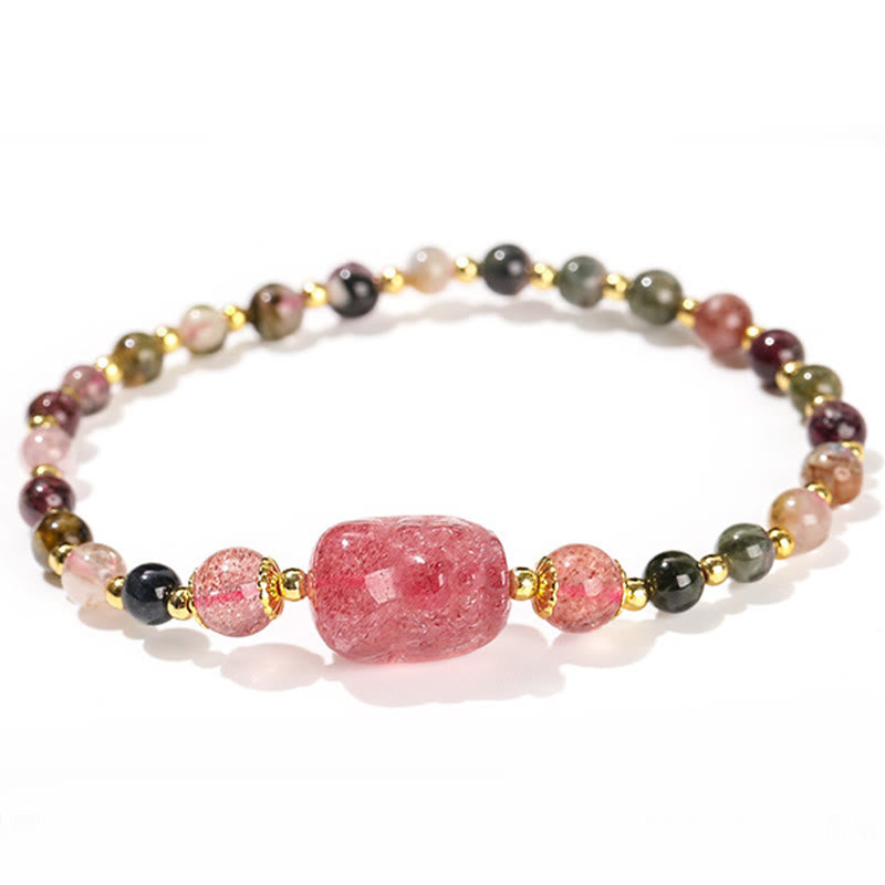 Fortune Jewel Moonstone Strawberry Quartz Tourmaline PiXiu Healing Bracelet