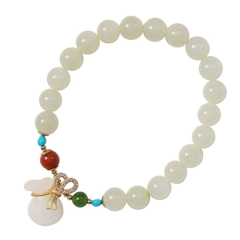 Fortune Jewel Natural Hetian White Jade 14K Gold Plated Money Bag Blessing Bracelet