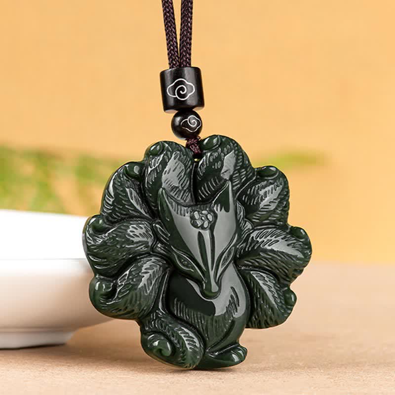 Fortune Jewel Hetian Cyan Jade Nine Tailed Fox Luck Necklace String Pendant