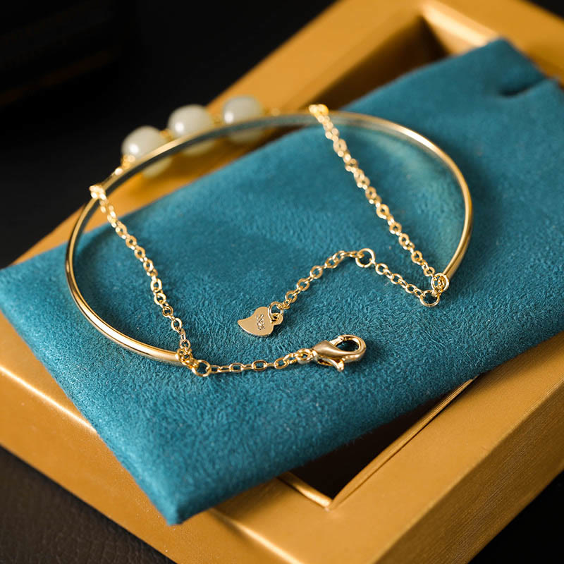 Fortune Jewel Copper Plated Gold Hetian Jade Bead Luck Double Layer Bracelet Bangle