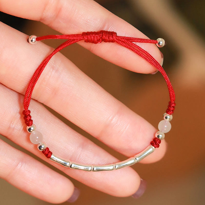Fortune Jewel 925 Sterling Silver Bamboo White Agate Red Agate Bead Protection String Braided Bracelet