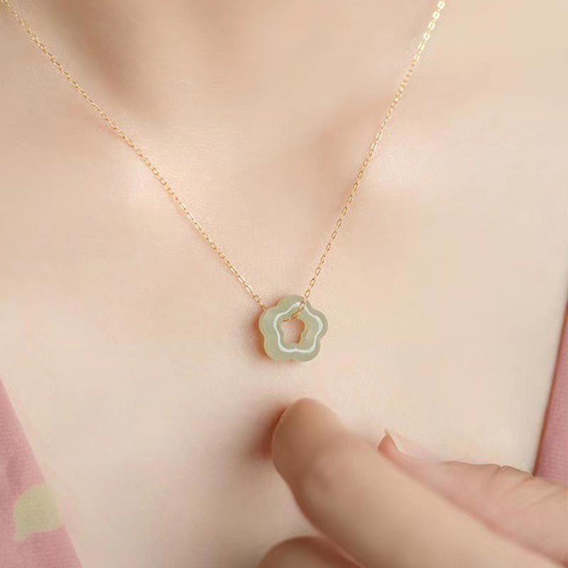 Fortune Jewel Dainty Hetian Jade Cyan Jade Luck Floral Charm Necklace Pendant