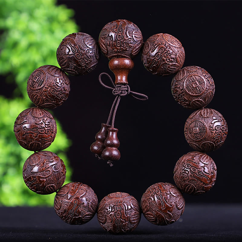 Fortune Jewel Chinese Zodiac Rosewood Ebony Copper Coin PiXiu Carved Warmth Bracelet