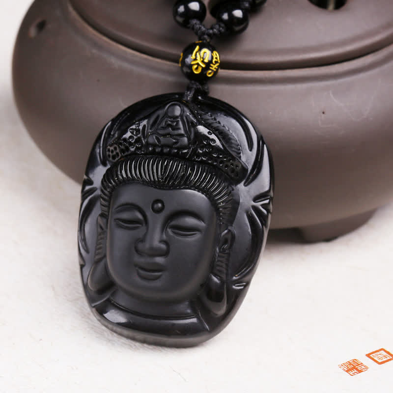 Fortune Jewel Natural Black Obsidian Kwan Yin Avalokitesvara Strength String Necklace Pendant
