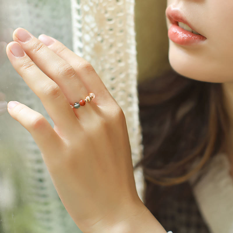 Fortune Jewel 14k Gold Plated Copper Fu Lu Shou Crystal Peach Moonstone Happiness Wealth Ring