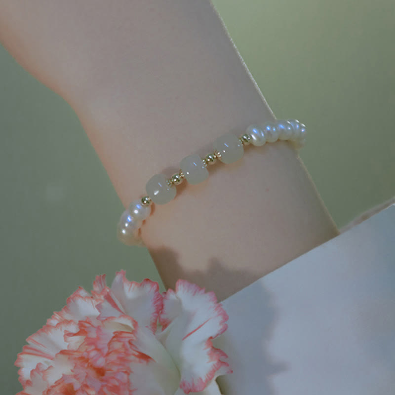 Fortune Jewel 14K Gold Plated Natural Pearl Hetian Cyan Jade White Jade Sincerity Bead Chain Bracelet