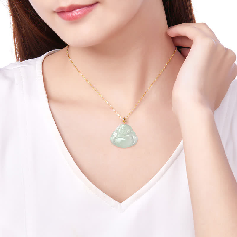 Fortune Jewel Laughing Buddha Natural Jade Abundance Titanium Steel Chain Necklace Pendant Fortune Jewel
