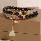 Fortune Jewel Gold Sheen Obsidian Gray Agate Lotus Charm Strengthen Double Wrap Bracelet