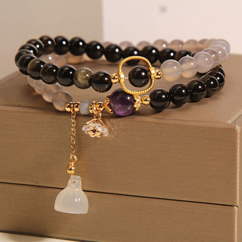 Fortune Jewel Gold Sheen Obsidian Gray Agate Lotus Charm Strengthen Double Wrap Bracelet