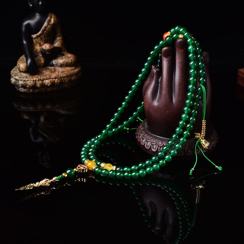 Fortune Jewel 108 Beads Natural Green Agate Success Bracelet Mala